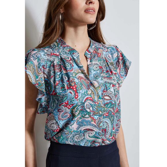 T-Tahari Flutter Sleeve Blouse Shirt Women's Size Small Royal Paisley Print - Picture 3 of 9